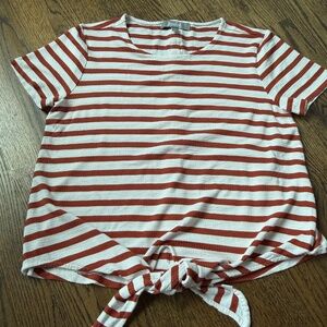 Marled Orange and White Striped Tie Front Top